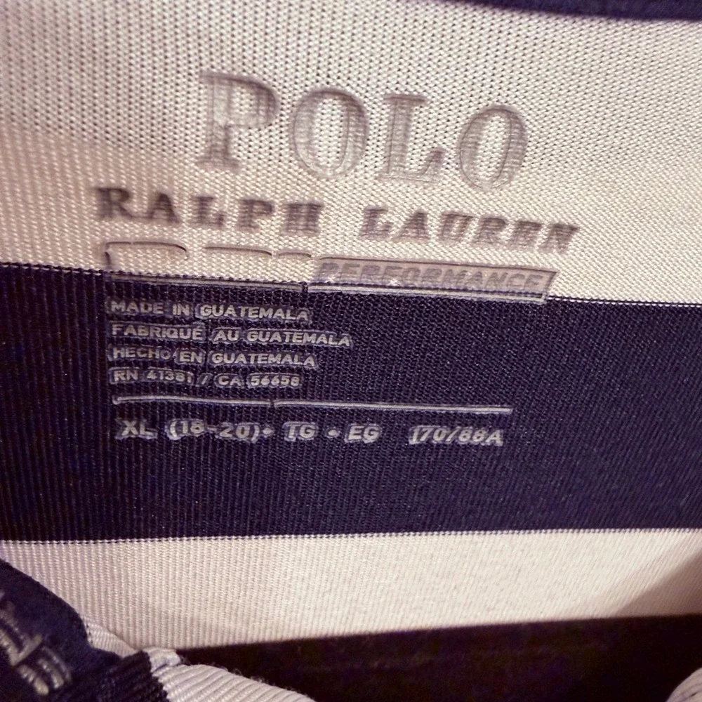 Polo Ralph Lauren Boys XL 18-20 Performance Striped Polo Shirt Blue White